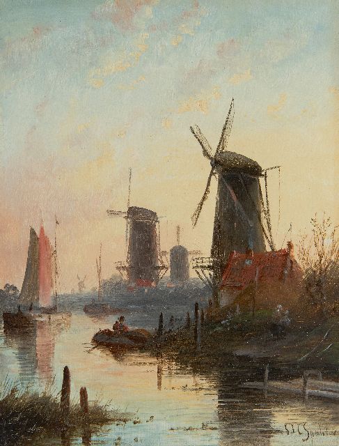 Jacob Jan Coenraad Spohler | Zomerlandschap met scheepvaart op kalme rivier, olieverf op paneel, 19,0 x 14,9 cm, gesigneerd r.o.
