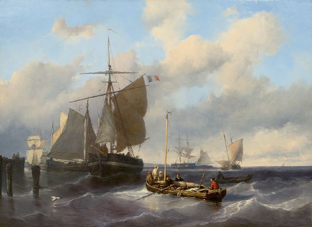 Louis Meijer | Het hijsen van de zeilen bij een havenhoofd, olieverf op paneel, 79,8 x 110,5 cm, gesigneerd l.o.