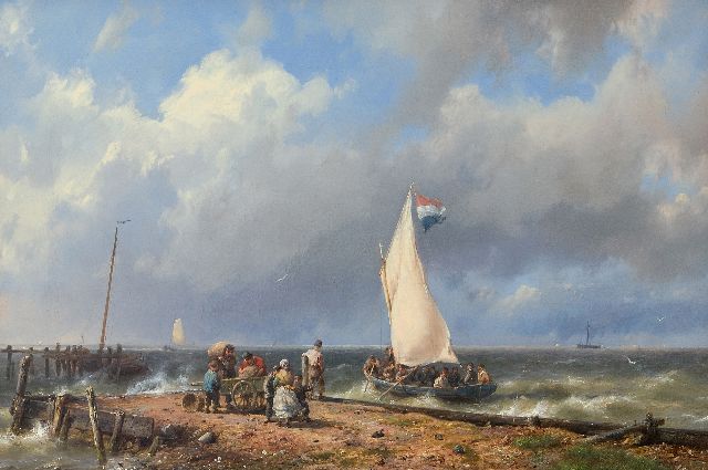 Hermanus Koekkoek | Vertrekkend zeilschip bij de haveningang, olieverf op doek, 32,1 x 46,9 cm, gesigneerd r.o. en VERKOCHT