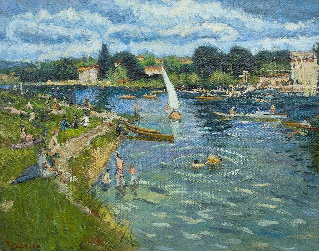 Lucien Andrion | Zondag aan het meer, olieverf op doek, 73,0 x 92,2 cm, gesigneerd l.o.
