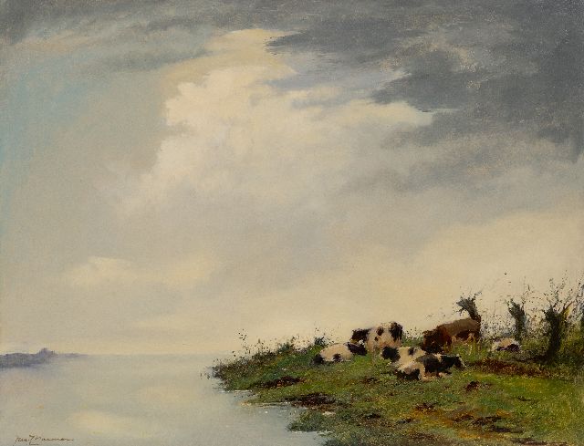 Jac. J. Koeman | Koeien aan de rivieroever, olieverf op board, 61,4 x 81,4 cm, gesigneerd l.o.