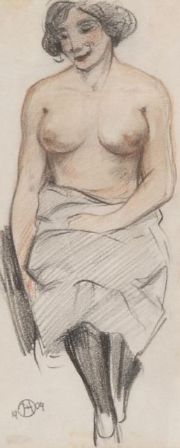 Eduard Houbolt | Zittend naakt, krijt op papier, 19,8 x 8,2 cm, gesigneerd l.o. met monogram en gedateerd 1909