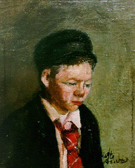 Asscher H.  | Portret van jongetje met das en hoed, olieverf op doek op paneel 19,8 x 17,5 cm, gesigneerd r.o.