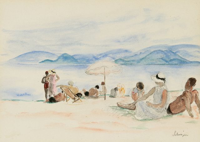 Lebasque H.  | Op het strand van Cannes, potlood en aquarel op papier 25,0 x 34,5 cm, gesigneerd r.o. en te dateren ca. 1930