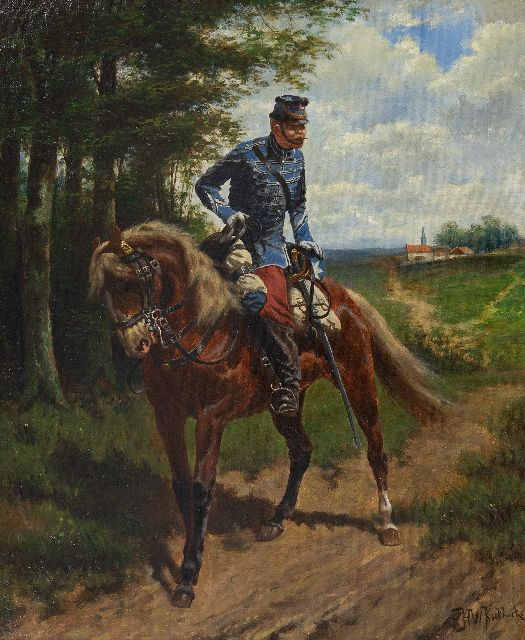 Hermanus Willem Koekkoek | Franse huzaar op verkenning, olieverf op doek, 51,3 x 42,3 cm, gesigneerd r.o. en te dateren ca. 1892  gereserveerd