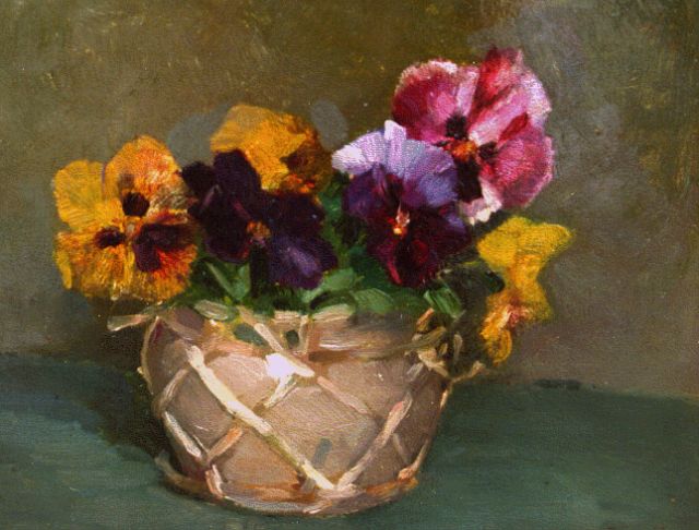 Sam van Beek | Bloemstilleven met violen, 19,0 x 24,3 cm, gesigneerd r.o.