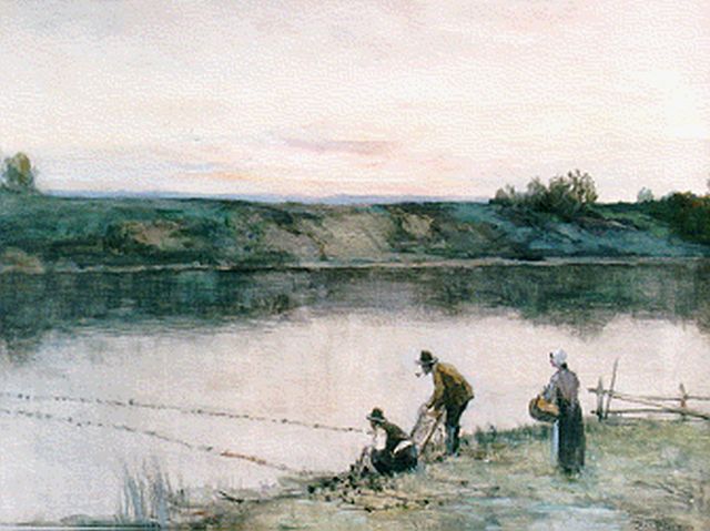 Ferdinand Bernhard Höppe | Vissers aan de waterkant, aquarel op papier, 46,5 x 64,5 cm, gesigneerd r.o.