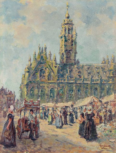 Hendrik Schaap | Markt bij het stadhuis van Middelburg, olieverf op schildersboard, 40,7 x 30,8 cm, gesigneerd r.o.