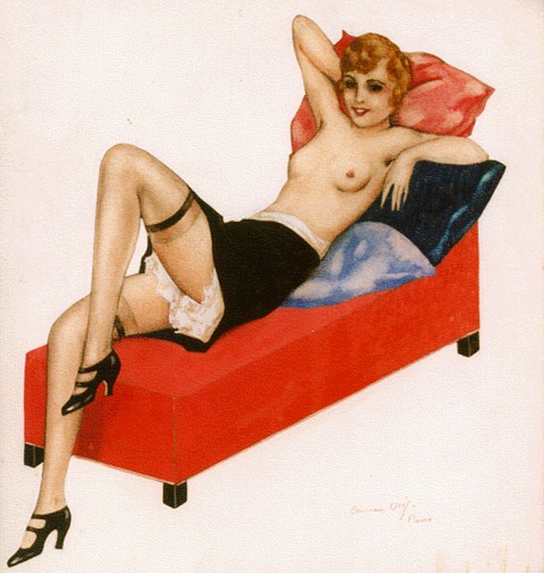 Osef C.  | Vrouw op sofa, Paris, gemengde techniek op papier 26,0 x 24,0 cm, gesigneerd r.o.