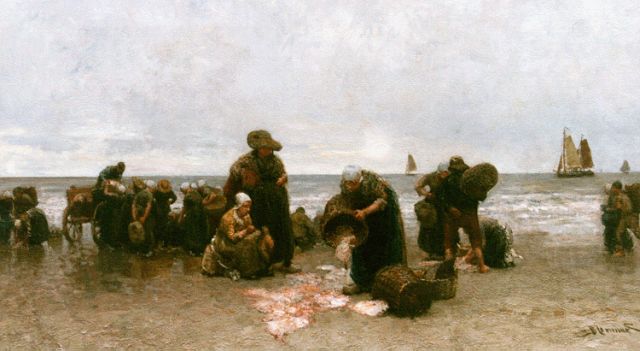 Bernard Blommers | Visverkoop op het strand van Katwijk, olieverf op doek, 72,2 x 122,5 cm, gesigneerd r.o.