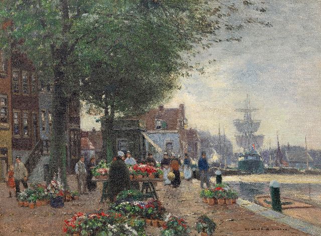 Heinrich Hermanns | Bloemenmarkt op een havenkade, olieverf op doek, 60,5 x 80,7 cm, gesigneerd r.o.