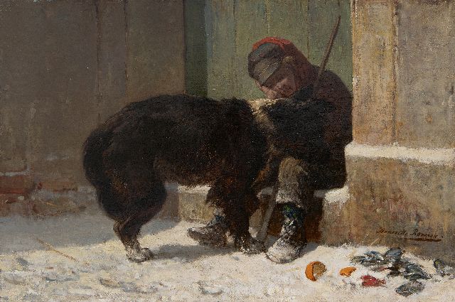 Ronner-Knip H.  | Jongen met zijn hond in de sneeuw, olieverf op doek 37,5 x 56,4 cm, gesigneerd r.o.