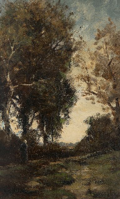 Théophile Emile Achille de Bock | Boerenvrouw op een bebost pad, olieverf op paneel, 32,9 x 20,5 cm, gesigneerd l.o.