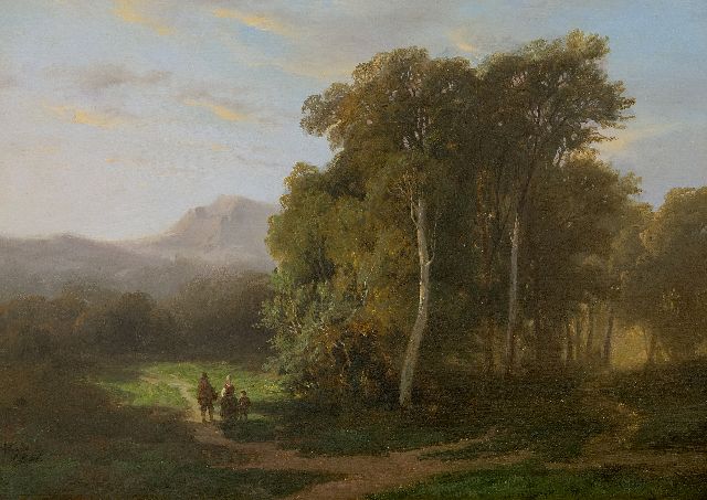 Louwrens Hanedoes | Landvolk in een bergachtig landschap, olieverf op paneel, 27,5 x 38,5 cm, gesigneerd l.o. en gedateerd 1851