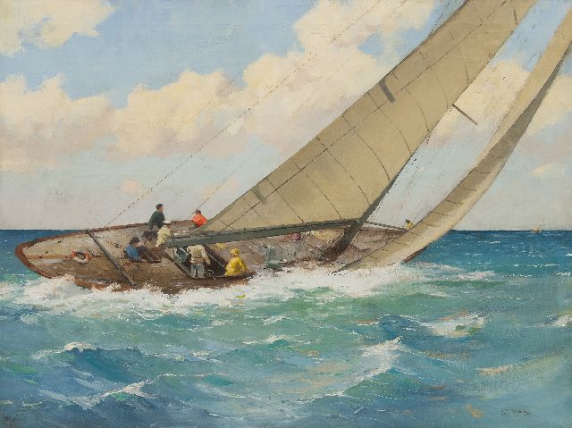 Evert Jan Ligtelijn | Wedstrijdzeilschip in actie, olieverf op doek, 60,2 x 80,3 cm, gesigneerd r.o.