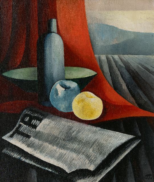 Charley Toorop | Stilleven met fruit, fles en krant, olieverf op doek, 60,2 x 50,5 cm, gesigneerd r.o. met initialen en te dateren ca. 1926