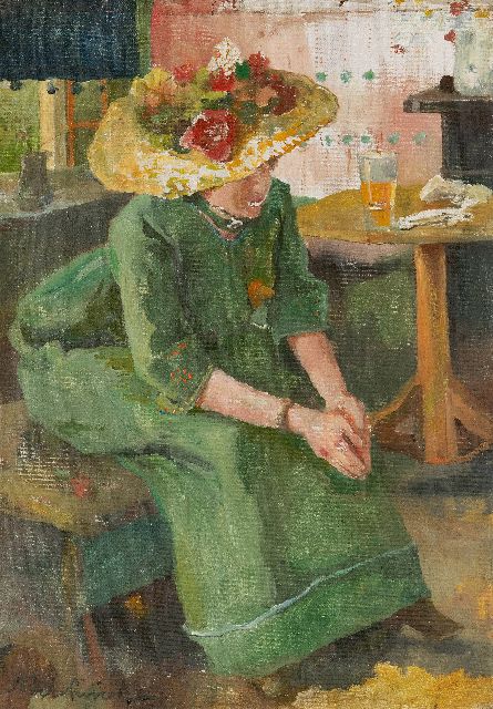 Rivière A.P. de la | Vrouw in groene jurk, olieverf op doek 40,3 x 28,3 cm, gesigneerd l.o.