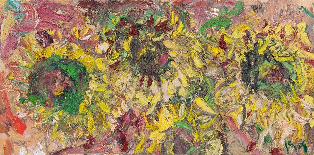 Marc Mulders | Zonnebloemen Herfst II, olieverf op doek, 30,2 x 60,0 cm, gesigneerd verso en verso gedateerd sept. 97
