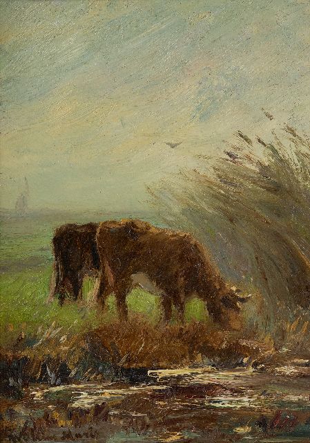 Willem Maris | Grazende koeien langs een sloot, olieverf op schildersboard, 24,6 x 17,2 cm, gesigneerd l.o.