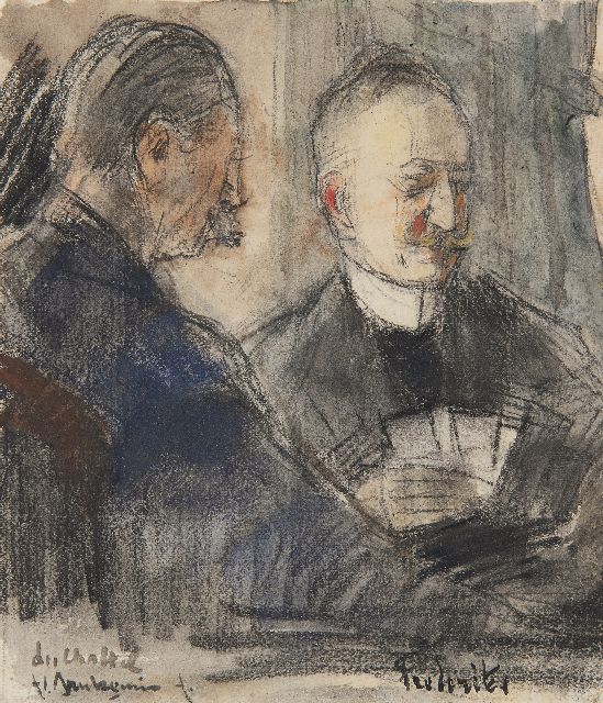 Floris Arntzenius | F.J. van Rossum du Chattel en J.A. Frederiks aan het kaarten in Pulchri, houtskool en aquarel op papier, 13,7 x 11,6 cm, gesigneerd l.o.