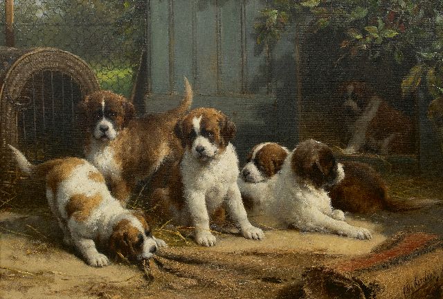 Otto Eerelman | Sint-Bernard puppies, olieverf op doek, 90,0 x 130,0 cm, gesigneerd l.o.