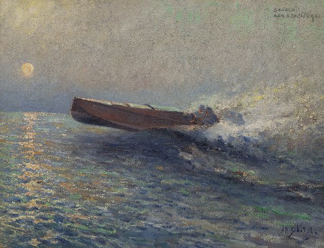 Schotel A.P.  | Speedboot op zee bij zonsondergang, olieverf op doek 43,6 x 57,3 cm, gesigneerd r.o.