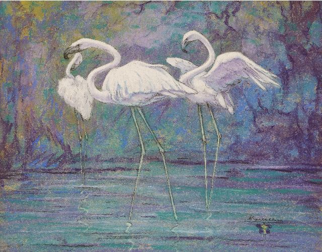 Klein Sprokkelhorst A.  | Flamingo's, pastel op papier 30,0 x 40,0 cm