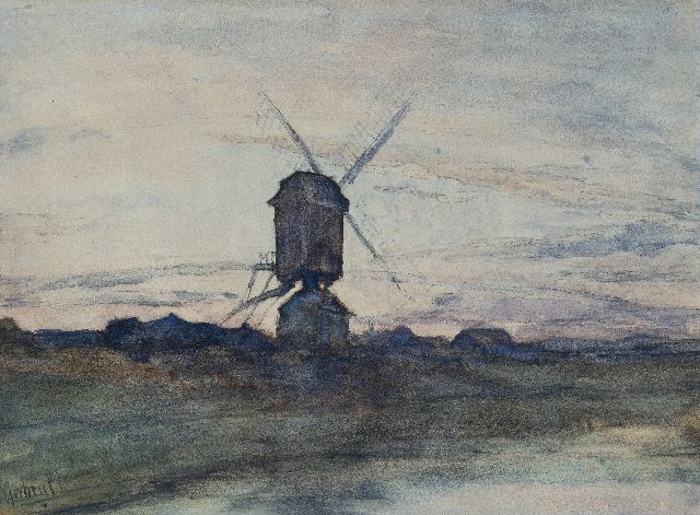 Constan Gabriel | Molen bij zonsondergang, zwart krijt en aquarel op papier, 26,2 x 35,4 cm, gesigneerd l.o.