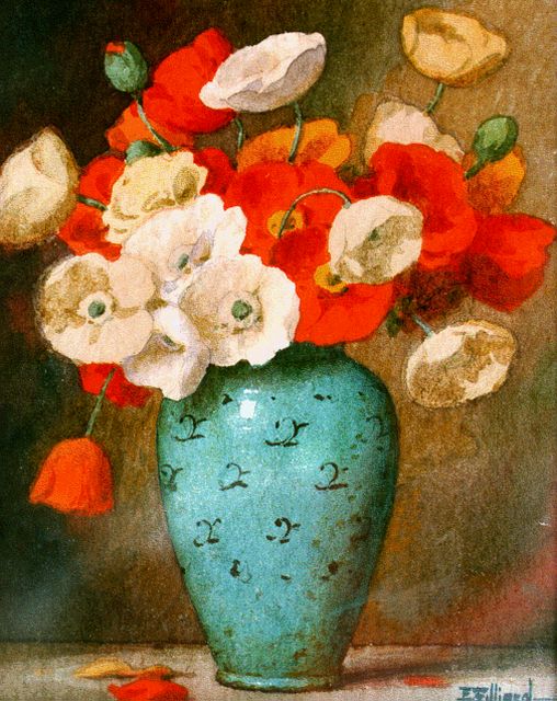 Ernest Filliard | Klaproosjes in turquoise vaas, aquarel op papier, 16,0 x 13,0 cm, gesigneerd r.o.