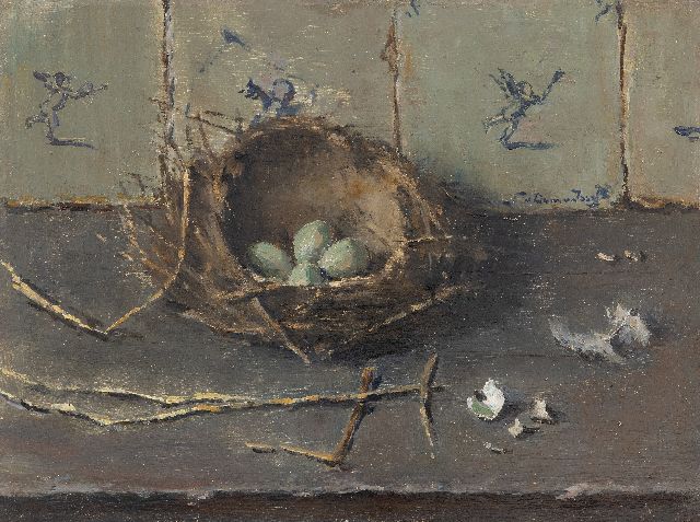 Lucie van Dam van Isselt | Eieren in een vogelnestje bij Hollandse tegeltjes, olieverf op paneel, 30,1 x 40,2 cm, gesigneerd r.m.