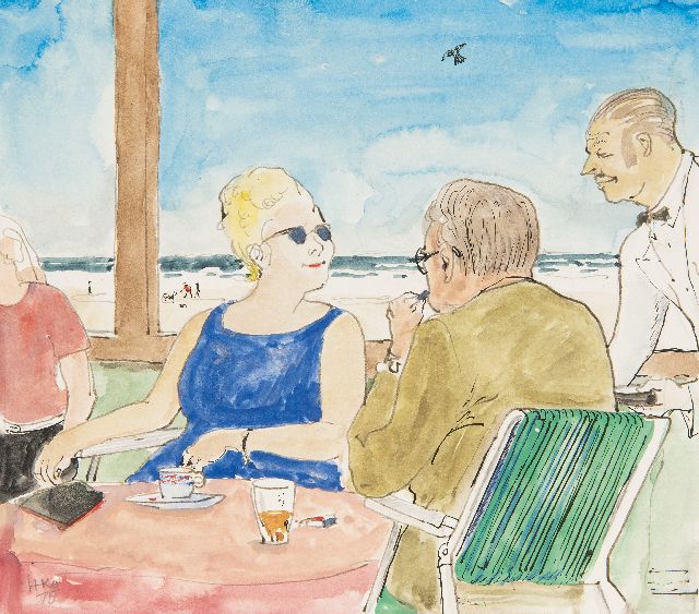 Kamerlingh Onnes H.H.  | Zomerdag op een terras bij de zee, potlood, pen en aquarel op papier 21,1 x 24,1 cm, gesigneerd l.o. met monogram en gedateerd '75