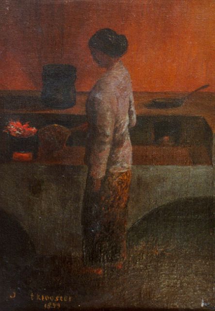 Klooster J.F.E. ten | Vrouw bij oven, olieverf op doek 18,6 x 13,2 cm, gesigneerd l.o. en gedateerd 1899