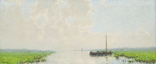 Cornelis Kuijpers | Afgemeerde schuit in weids rivierlandschap, olieverf op doek, 45,7 x 108,6 cm, gesigneerd l.o.