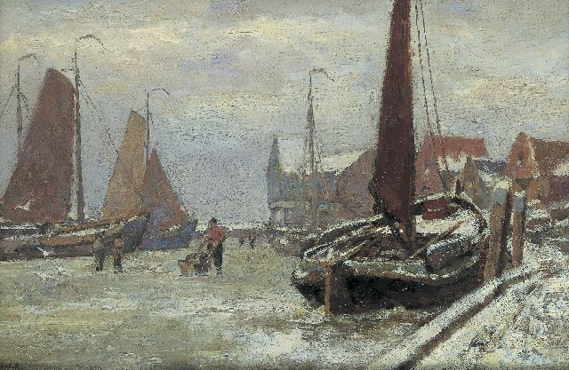 Gerard Koekkoek | De haven van Volendam bij winter, olieverf op doek, 20,1 x 30,0 cm, gesigneerd l.o.