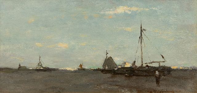 Weissenbruch H.J.  | Drooggevallen bomschuiten op het strand van Scheveningen, olieverf op paneel 15,6 x 31,2 cm, gesigneerd r.o. en gedateerd 1901