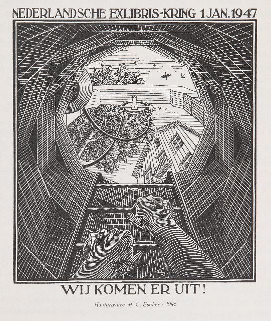 Escher M.C.  | Wij komen er uit! Illustratie in Gedenkboek Nederlandsche Exlibris-Kring, 1947, houtgravure 12,0 x 10,0 cm
