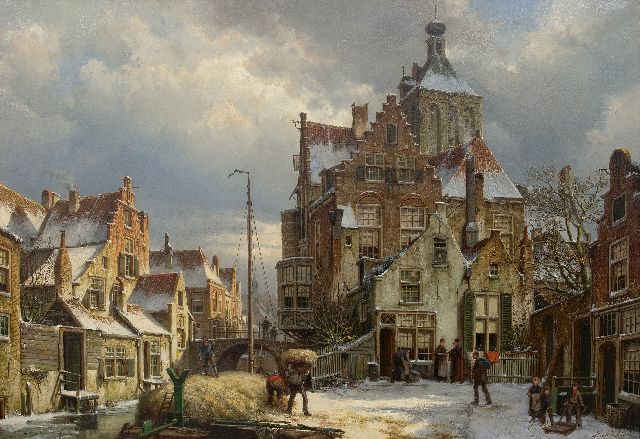 Willem Koekkoek | Winters stadsgezicht, olieverf op doek, 86,5 x 125,3 cm, gesigneerd r.o.