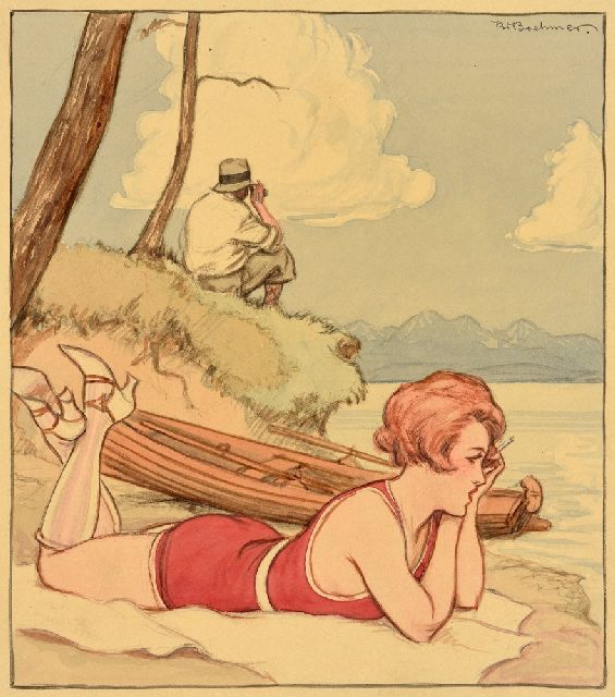 Boehmer K.W.  | Op het strand, potlood en aquarel op papier 21,6 x 18,8 cm, gesigneerd r.b. en zonder lijst