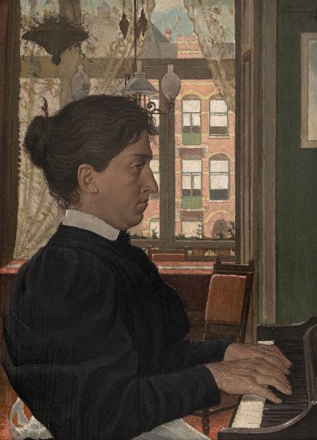 Molkenboer A.H.J.  | Pianospelende vrouw, olieverf op paneel 36,3 x 26,8 cm, gesigneerd r.b. en gedateerd 1897