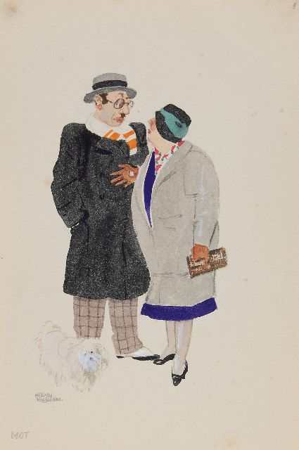 Herman Moerkerk | Echtpaar met mot, potlood en aquarel op papier, 25,5 x 17,1 cm, gesigneerd l.o.