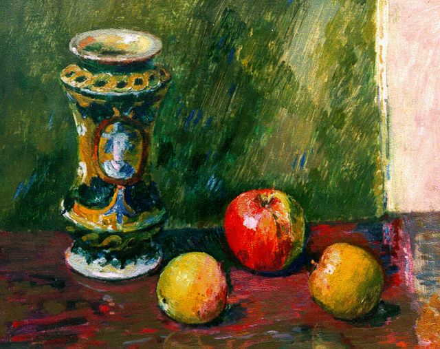 Jan Wiegers | Stilleven van vaas met drie appels, olieverf op doek, 40,5 x 50,5 cm, gesigneerd r.m.