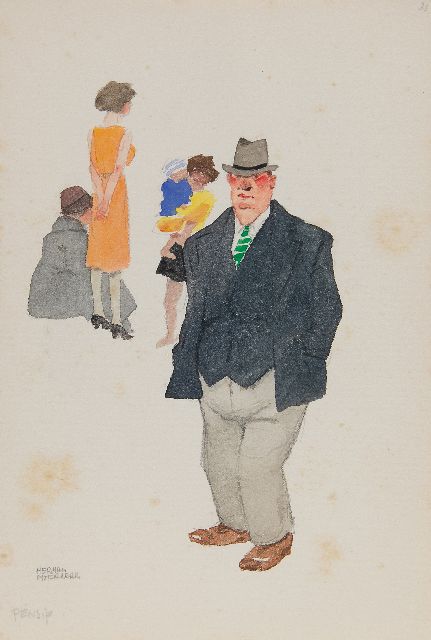 Herman Moerkerk | Pensif, potlood en aquarel op papier, 25,5 x 17,1 cm, gesigneerd l.o.