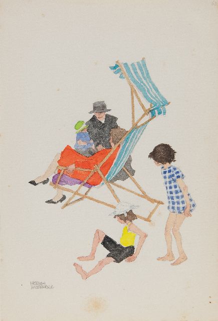 Herman Moerkerk | Dagje op 't strand, potlood en aquarel op papier, 25,5 x 17,1 cm, gesigneerd l.o.