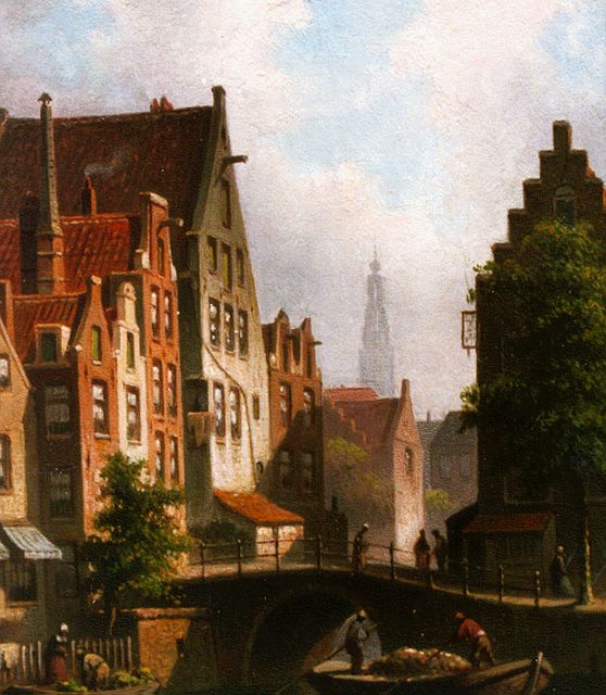 Eduard Alexander Hilverdink | Bedrijvigheid aan de Langebrugsteeg, olieverf op paneel, 17,3 x 13,5 cm, gesigneerd l.o. initialen en gedateerd '74