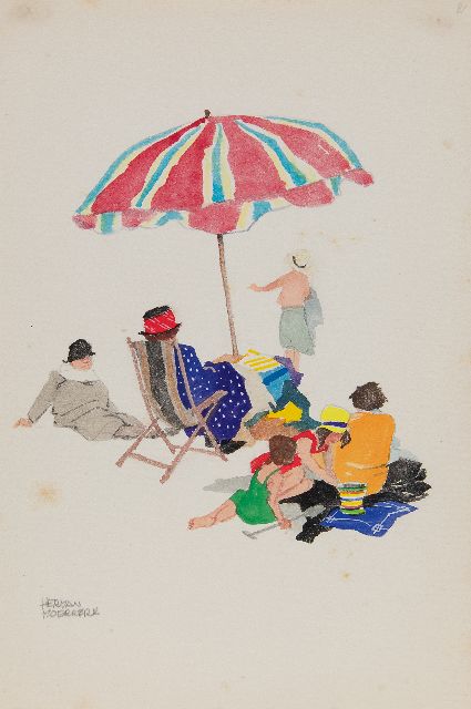 Herman Moerkerk | Onder moeders parasol op Zandvoort, potlood en aquarel op papier, 25,5 x 17,1 cm, gesigneerd l.o.