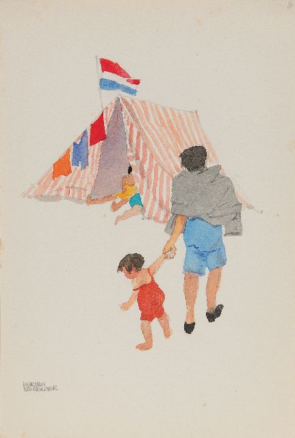Moerkerk H.A.J.M.  | Het roodwitte tentje met Hollandse vlag, potlood en aquarel op papier 25,6 x 17,3 cm, gesigneerd l.o.