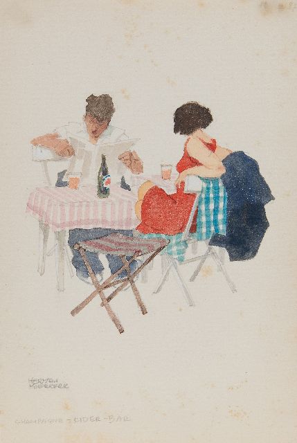 Herman Moerkerk | Champagne - cider -bar, potlood en aquarel op papier, 25,5 x 17,1 cm, gesigneerd l.o.