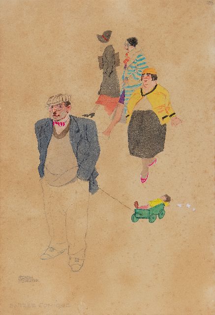 Herman Moerkerk | Entrée comique, potlood en aquarel op papier, 25,6 x 17,3 cm, gesigneerd l.o.