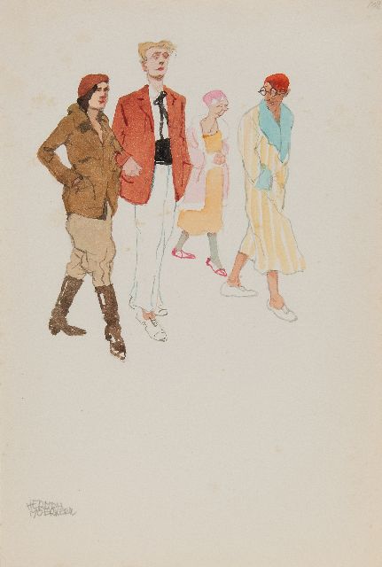 Moerkerk H.A.J.M.  | Flaneren in Zandvoort, potlood en aquarel op papier 25,6 x 17,1 cm, gesigneerd l.o.