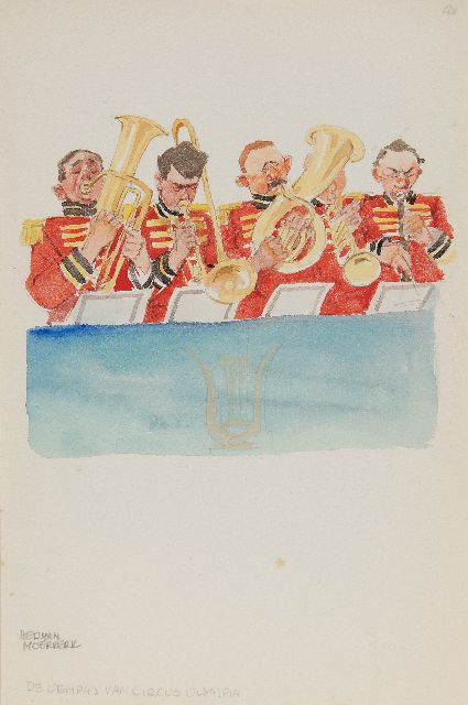 Herman Moerkerk | De hoempapa band van circus Olympia Palace, potlood en aquarel op papier, 25,6 x 17,1 cm, gesigneerd l.o.